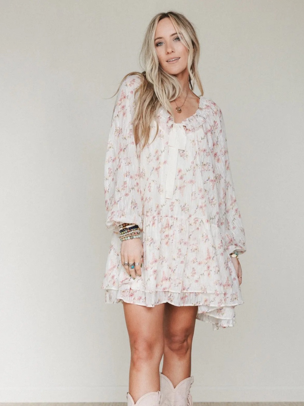 Three Bird Nest White Mini Dress with Pink Floral Print